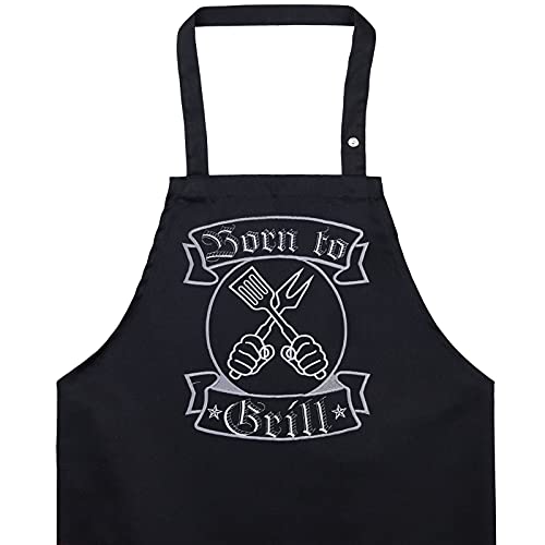 EXPRESS-STICKEREI Delantal de cocina para hombres/mujeres con bordado gracioso: BORN TO GRILL Ajustable, con bolsillo, ideal para el maestro parrillero