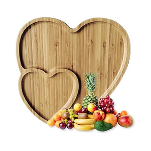 Valentines Plates Heart Serving Tray, Heart Shaped Tray Decorative Serving Platter Snack Board Tray, Kitchen Double Dinner Salad Plate Food Storage Bamboo Serving Tray(size:10.63x10.63x0.63inch) Cover