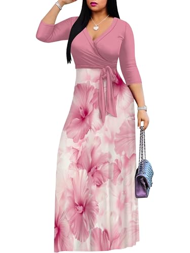 Image of SUZONANA Plus Size Dresses for Women Floral Print Maxi Dress Flowy 3 /4 Sleeve with Belt