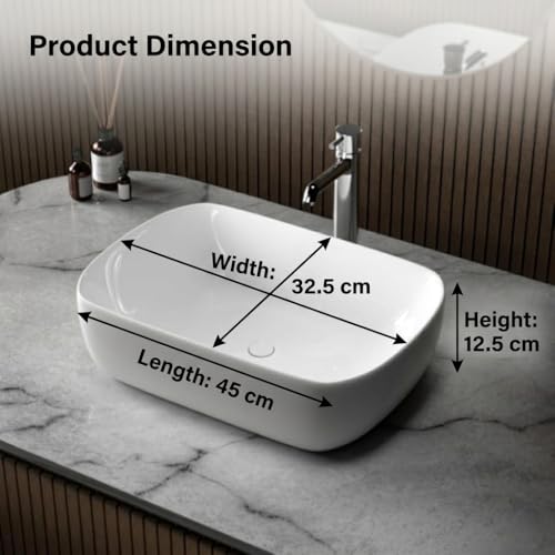 Image of Ceramic Tabletop Wash Basin - Glossy Rectangular Countertop Vessel Sink with Marble Finish for Bathroom & Vanity | Compact 18 x 13 x 5 Inch | Elegant Washbasin