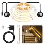 HOUHUI Dual Motion Sensor Light Indoor Under Bed Lights, 5m Motion Activated LED Strip Lights for Bedside, 12V Warm White Under Cabinet Lights Two Motion Sensors LED Strip for Stair Closet Hallway