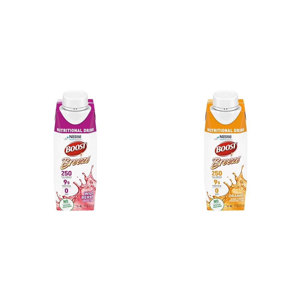 Amazon.com: BOOST Breeze Clear Nutritional Drink, 9g Protein, 250  Nutrient-Rich Calories, Wild Berry (Pack of 24) & Orange (Pack of 24) :  Health & Household