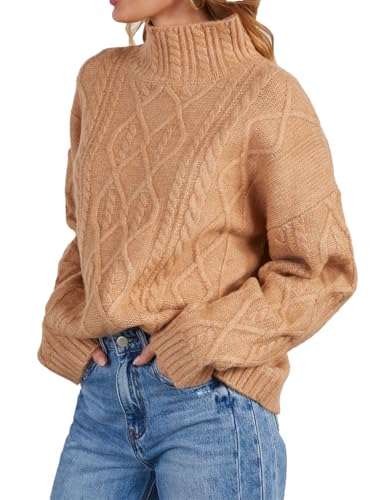 Image of cordat Women's Turtleneck Sweater Chunky Long Sleeve Cable Knitted Pullover Trendy 2024 Fall Winter Basic Jumper Tops Khaki