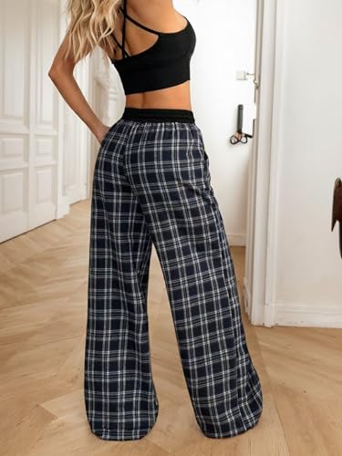 Gingham Pants for Women Plaid Drawstring Elastic Waist Checkered Wide Leg Trousers Casual Loose Fit Baggy Pants4