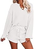 MEROKEETY Women's Long Sleeve Pajama Set Henley Knit Tops and Shorts Sleepwear Loungewear