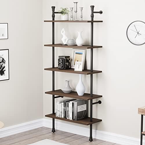 Realyoo Wall Mounted Bookshelf, 5 Tier Industrial Open Vintage Bookcase, Rustic Wood and Metal Book Shelf, Tall Modern Book Case for Office Home Living Room Bedroom - Walnut