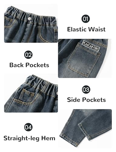 Boys Baggy Jeans Straight Leg Cotton Denim Pants with Pockets Elastic Waist Loose Fit Casual Trousers 5-14 Years4