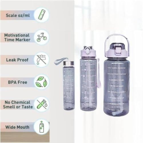 Image of Set of 3 Transparent Water Bottle 2000ML, 900ML, 300ML with Motivational Time Marker | Leak Proof&Break-Proof | Best Usage For Office /School /Gym /Travel Water Bottle