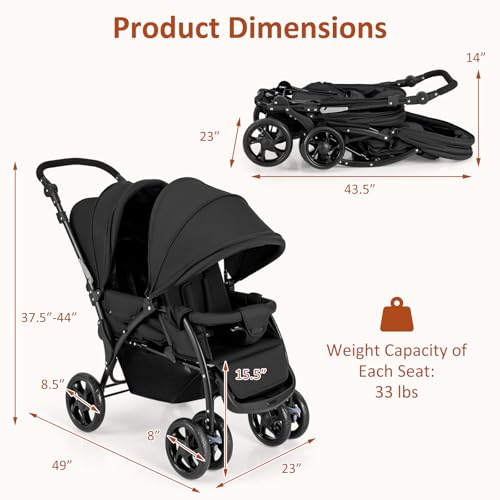 GLACER Foldable Twin Stroller, Double Baby Stroller w/Multi-Level Backrest, Canopy, Handle & Footrest, Safety Belt & Brake System, Travel Tandem Seating Stroller w/Lockable Wheels (Black)