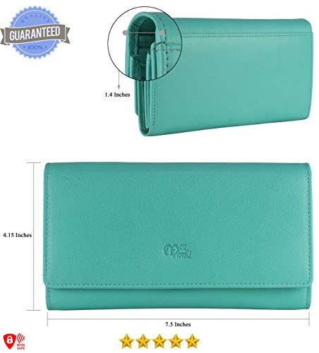 Image of Women's Top Grain Leather Wallet, RFID Blocking Bifold clutch, 17 Card Slots, Zip Pocket Organizer, Elegant Gift for Women - Birthday, Valentine, Anniversary - AQUA