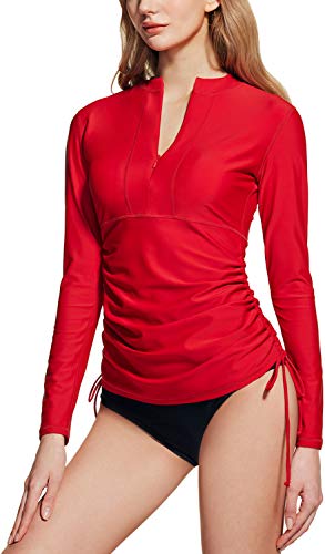TSLA Women s Half-Zip Front Rash Guard, UPF 50+ Side Adjustable Long Sleeve Swim Shirts, Half Zip Front Red, Large