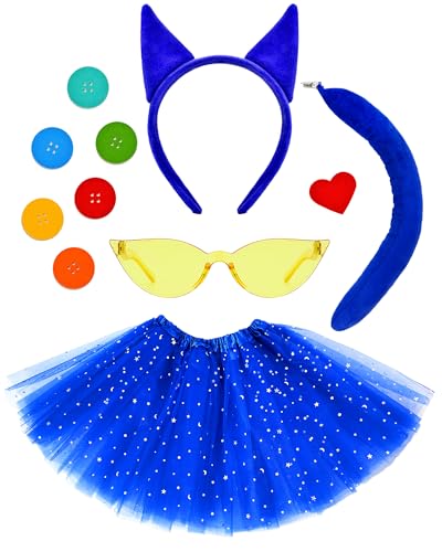 Hikkcos Blue Cat Costume for Girls Blue Cat Ears and Tail Book Character Costumes Accessories Set for Halloween Animals Party Dress Up