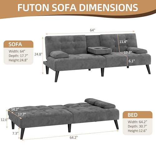 Image of Shintenchi Futon Sofa Bed, Velvet Foldable Couch, Reclining Sleeper with Removable Armrests, Upholstered Loveseat Sofa Couch with Folding Cup Holders for Home, Office, Gray