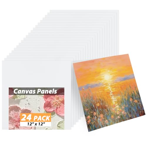 Oungy 24 Pack Canvas Boards for Painting 12 x 12 Inch Canvases for Painting, White Blank Canvas Panels Flat Canvas Boards Square Canvas Cotton Artist Canvas Boards for Oil Acrylic Watercolor Paint