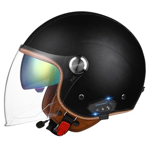 VVPEC Bluetooth Casque Moto Jet Vintage 3/4 Casque Moto avec Double Visière pour Scooter Chopper, Casque de Moto Demi-Jet Homme et Femme, ECEDOT Homologué(27,L(59~60CM))