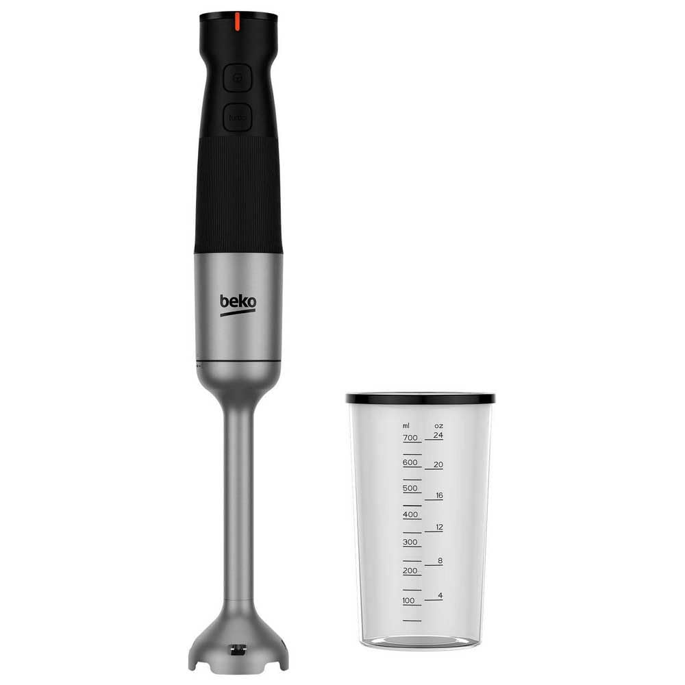 BEKO, Set Mixeur Plongeant, Puissance : 750 W, 12 vitesses + Turbo, 4 lames en étoile, Cloche anti éclaboussures, Verre doseur, Hachoir bol verre 2 lames, Fouet, Pied inox, Noir et Inox