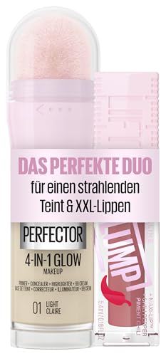 Maybelline New York 4-in-1 Make Up, Concealer, BB Cream, Highlighter, Primer, Instant Perfector Glow 01 Light, 20 ml + Lifter Plump, Lipgloss, sichtbar vergrößerte Lippen, 005 Peach Fever, 5,4 ml