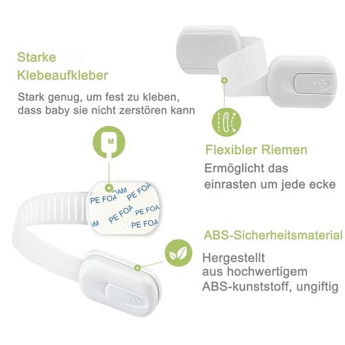 Hion 6 Stück Kindersicherung für Schrank und Schubladen, Schubladensicherung für Baby und Kinder für Tür Schränke Kühlschrank, Schrankschloss mit Kleber ohne Bohren - Weiß