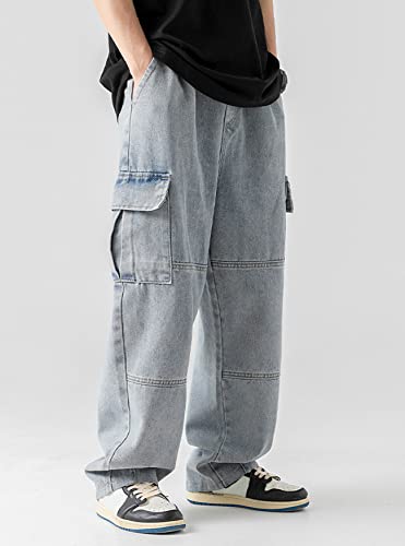 Streetwear Hip Hop Loose Elastic Waist Loose Fit Cargo Denim Joggers Pants Jeans3