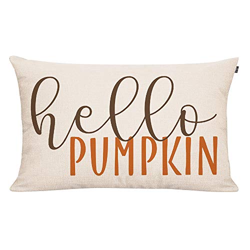 GTEXT 20x12 inch Fall Throw Pillow Cover Hello Pumpkin Cushion Cover Autumn Decor Fall Pumpkins Pillow Cover Outdoor Pillow Linen Square Pillow Cover for Cushion,Sofa Fall Pillow Cover