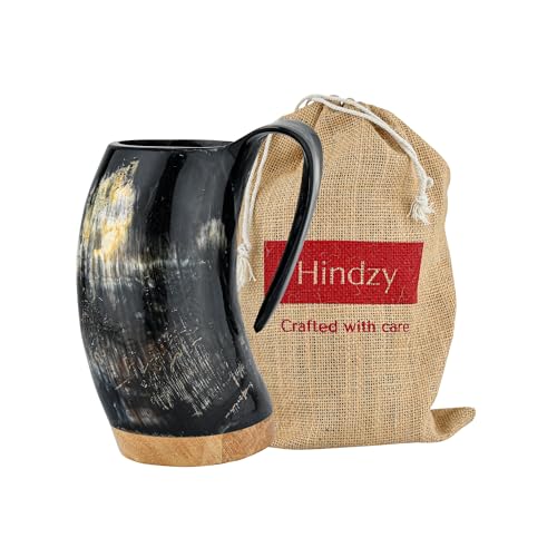 Cuerno de bebida vikingo artesanal 16oz con base de madera miniatura 1