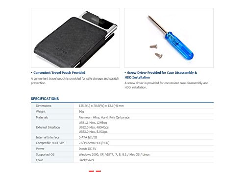 Image showing the convenient travel pouch, a screwdriver for case disassembly, and a table of product specifications for the Zalman ZM-VE350.