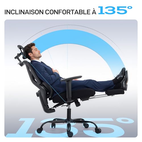 HOMCOM Chaise Bureau Ergonomique, Fauteuil de Bureau avec Soutien Lombaire Dynamique adaptatif, accoudoirs 3D, Dossier inclinable, Hauteur et Appui-tête réglables, Repose-Pieds, pivotant à 360°, Noir – Image 6
