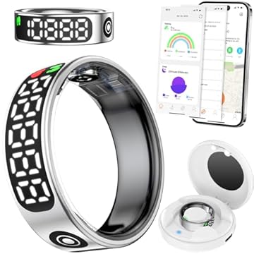 Fileeyn Smart Ring con Display a LED, Cardiofrequenzimetro/SpO2/Sleep/Fitness Tracker, Anelli Smart per Uomini Donne, Impermeabile IP68, APP Compatibile con iOS/Android, Misura 8, Argento