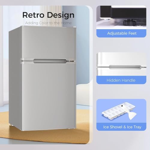 Image of Kismile 3.2 Cu.Ft Mini Fridge with Freezer, Compact Refrigerator, Grey | Removable Shelves, Two Doors, Adjustable Temperature, Perfect for Bedroom, Apartment, Office, Dorm