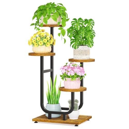 LASZOLA Plant Stand Shelf Tall for Indoor Corner, 4 Tier Wood Brown