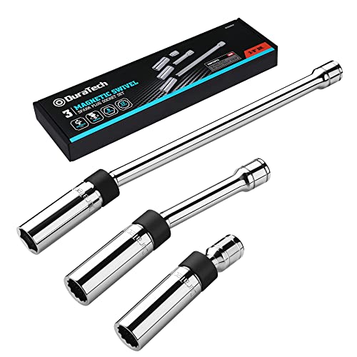 DURATECH 3PCS Swivel Magnetic Spark Plug Socket Set, 3/8" Drive Thin Wall Spark Plugs Socket Includes 5/8" x 11" 6-Point, 9/16" x 6" and 14mm x 4" 12-Point, Enhanced Magnetic Head, Cr-V Stee