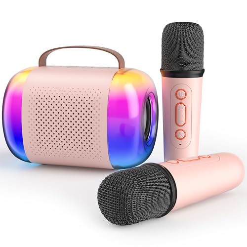Mini Karaoke Machine for Kids, Portable Karaoke Machine with 2 Wireless Microphones and LED Colorful Lights for Home Party, Pink Gift Toy for Girls 4, 5, 6, 7, 8+ Years Old Toddlers Teens