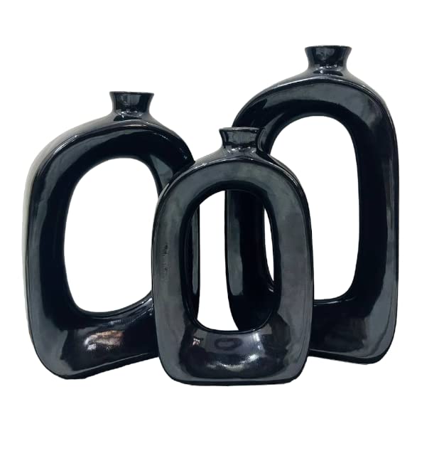 Four Square Ceramic Vase for Home Decor Showpiece | Flower Vase | Office Desk | Big Size Vase | Centre Table Showpiece |Set of 3| Black