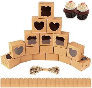 20Pcs Brown Kraft Bakery Boxes 10*10*6cm Cupcake Boxes Single Small Cake Boxes Cookie Boxes with Heart and Wave Square Window with 20Pcs Tags and 20m String for Cupcake Cookies Small Prensent Decor