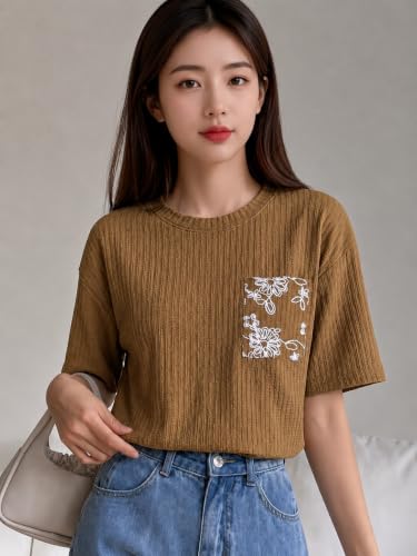 Image of TAGAS Women's Textured Knit Top with Embroidered |Short Sleeve Casual Wear Top for Women | Round Neck Elegant