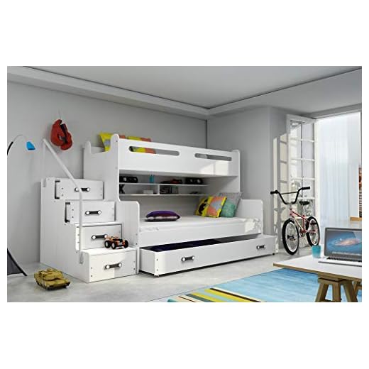 Cama litera MAX 3 -Dos colchones de Espuma 200x80 y 200x120m, somieres Flexibles y Cajon incluidos Color Blanco