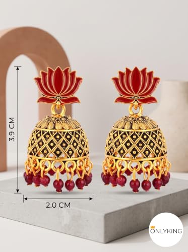 Image of OnlyKing Traditional Lotus Meenakari Jhumka Earrings for Women & Girls | Gold Color Oxidised Ethnic Floral Jhumki | Temple South Indian Style Ear rings Set | Stylish Trending Big Colorful Jhumkas (Available in 12 Colors)