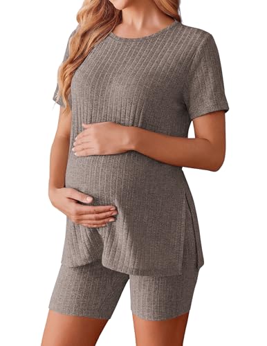 Image of Ekouaer Maternity Sets 2 Piece Outfits Ribbed Knit Short Sleeve Shirts and Biker Shorts Pregnancy Loungewear Mama Clothes