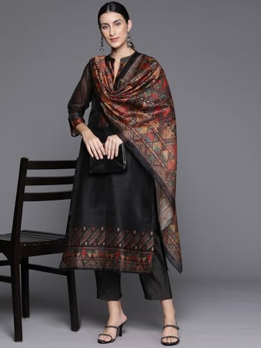 Image of Varanga Women Printed Straight Kurta Set with Dupatta | Chanderi | Round Neck | 3 /4 Sleeve | Calf Length |Casual & Effortlessly Chic Wear
