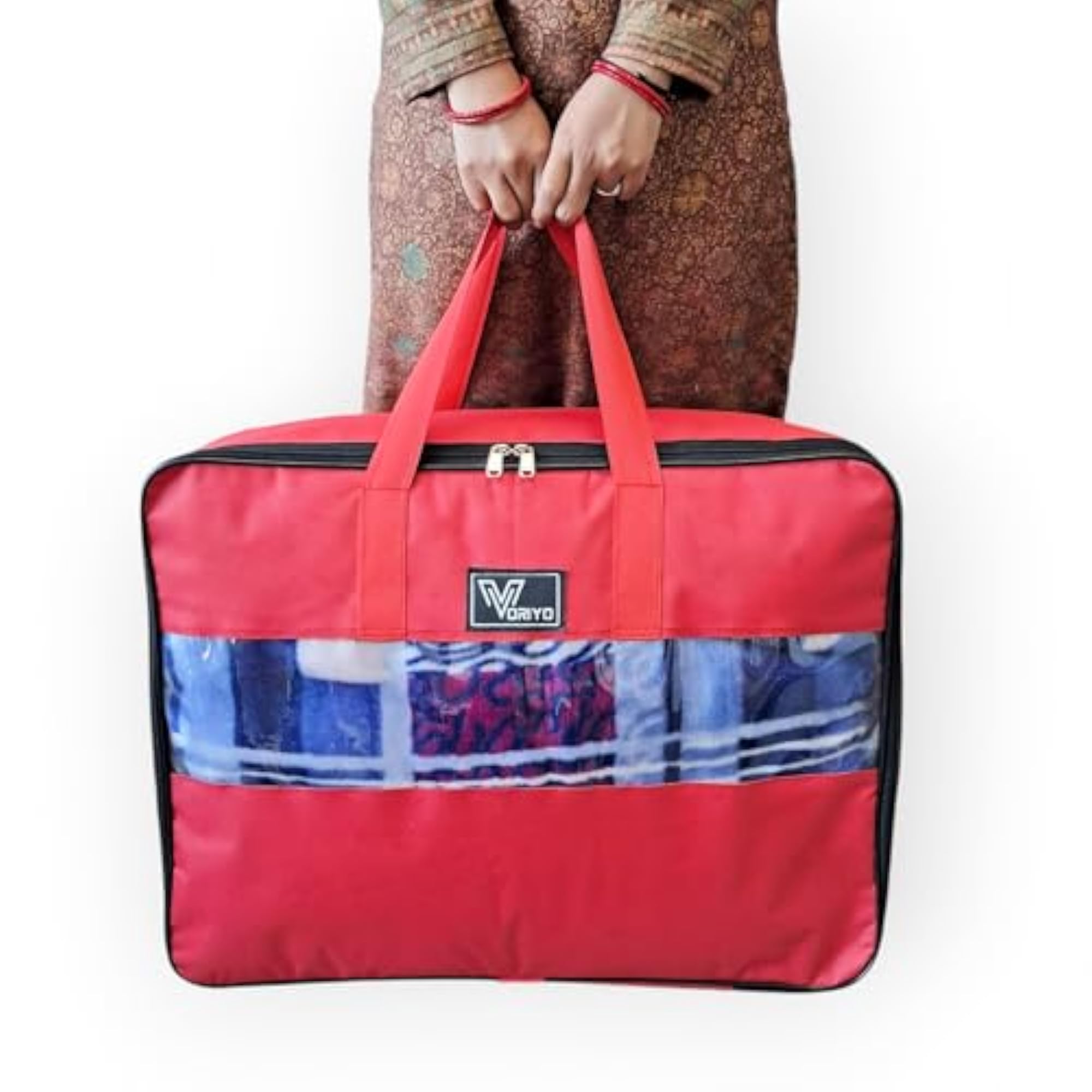 Foldable Red Duvet Cover Bag Organiser with Top Window