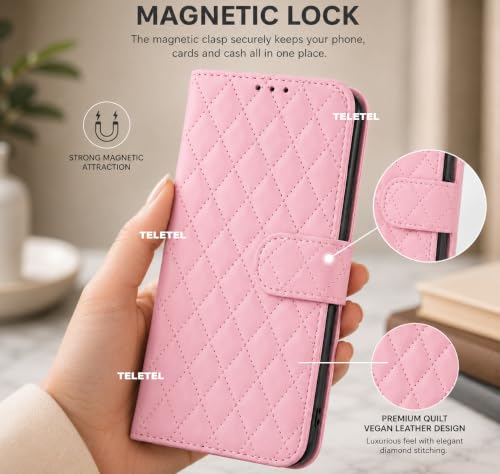 Image of TELETEL Quilt Leather Magnetic Closure | Cards & Cash Pockets Wallet Mobile Case | Phone Flip Cover - Pink for Vivo V20