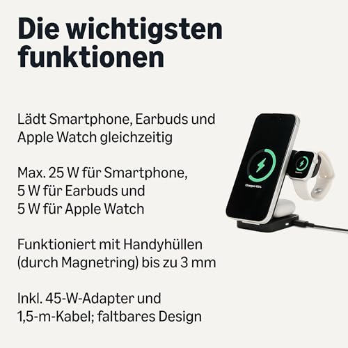 Amazon Basics MagSafe-Ladestation, Qi2.2-Zertifiziertes Kabelloses 3-in-1-Ladegerät, 25W, Faltbarer Ständer für iPhone 17/16/15/14/13/12… – Ansicht 2