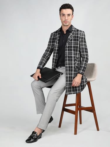 Image of CHKOKKO Men Wool Blend Stylish Long Winter Coat Single Breasted Thigh Length Overcoat With Elegant Spread Collar & Practical Front Side Pockets For Formal Or Semi-Formal Occasions