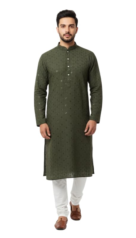 Men's Cotton Chikankari Embroidered Kurta | Regular Fit | Traditional Indian Ethnic Wear for Wedding, Festive, Eid Only Kurta (1 Pc)-image-35