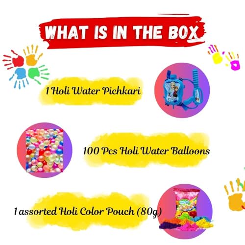 Image of CraftVatika Holi Colors Gift, Holi Water Pichkari with Water Tank Bag for Kids Boys Girls with Herbal Holi Colours 80gm Pack and Holi Celebration Items, Natural Gulal