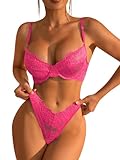COZYEASE Women's 2 Piece Lingerie Set Floral Lace Sheer Badydoll Teddy Bra and Panty Se Hot Pink M