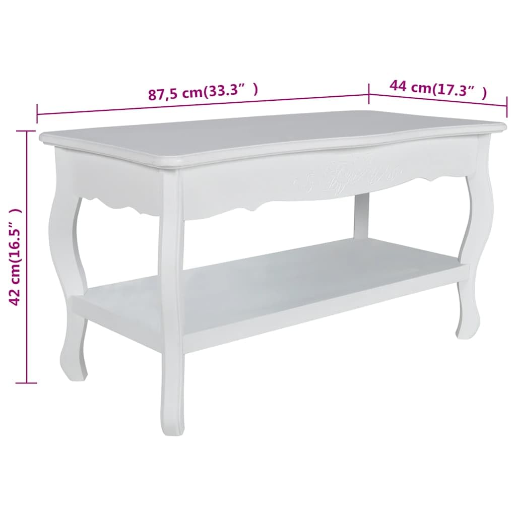 Mesa de centro blanca con estante, 87,5 x 42 x 44 cm, de MDF y pino macizo, diseño moderno, estilo provincial francés, construcción robusta y espacio de almacenamiento para salón, dormitorio