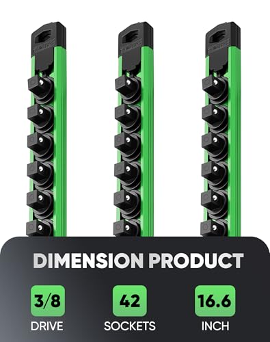 Image of ALOANES Magnetic Socket Organizer Set, 3-Piece Heavy Duty Aluminum Socket Rails, 360 Swivel Clips Socket Rail Kit for Tool Tray Drawer Fit 3 /8-Inch x 42 Clips (Green, 3PC)