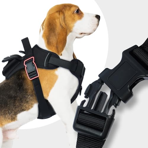 Hjumarayan Hundegeschirr Grosse Hunde, Anti Zug Hundegeschirr mit Frontring, mit Tasche für GPS Tracker, Geschirr Gepolstert mit Griff, Anti Zieh Geschirr für Bulldogge, Husky, Labrador, Schwarz L