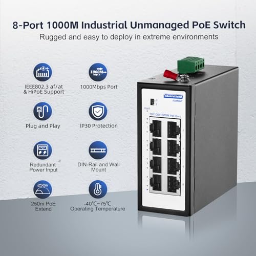 Image of 8 Port Mini Gigabit PoE+ Industrial Switch, 100 /1000Mbps Ethernet, IEEE802.3AF /AT POE+, Din Rail & Wall Mount, Unmanaged IP30 (-40~185F) Hardened YuLinca Industrial PoE Switch